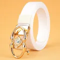 White woven nylon belt with a golden rhinestone automatic buckle for casual style - Gold Buckle - White