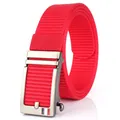 Men's red nylon woven belt with silver matte automatic buckle and tri-color detail - Silver Buckle - Red