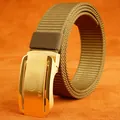Khaki nylon tactical belt with golden automatic buckle featuring embossed lion logo - Gold Buckle - Wolf Brown