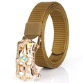 Khaki nylon woven belt featuring a vintage gold hollow buckle with colorful gemstone - 110cm / Gold Buckle-Coyote Brown
