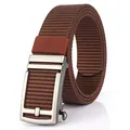 Men's brown nylon woven belt with a matte silver automatic metal buckle - Silver Buckle - Coffee