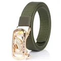 Army green nylon canvas belt with a gold swan automatic buckle encrusted with rhinestones - Gold Buckle - Army Green