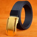 Men's navy blue nylon belt with golden automatic buckle featuring brushed metal texture - Gold Buckle - Royal Blue