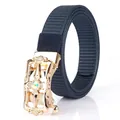 Navy nylon canvas belt with vintage gold hollow buckle and blue crystal insert - 110cm / Gold Buckle-Royal Blue