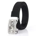 Women's black nylon woven belt featuring a silver automatic buckle with swan motif - 110cm / Silver Buckle - Black
