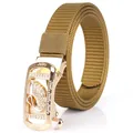 Khaki nylon canvas belt with a polished golden swan logo automatic buckle for casual wear - Gold Buckle - Coyote Brown