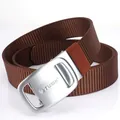 Dark brown thickened nylon belt for men featuring a brushed silver automatic buckle - Silver Buckle - Coffee