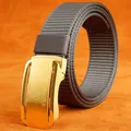 Men's automatic buckle nylon canvas belt with golden lion logo in dark grey fabric - Gold Buckle - Dark Gray