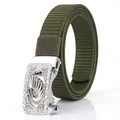 Army green nylon belt with swan embossed silver alloy automatic buckle for women - 110cm / Silver Buckle - Army Green