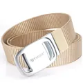 Men's tan heavy-duty nylon tactical belt with brushed silver automatic buckle by TUSHI - Silver Buckle - Khaki