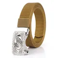 Women's khaki nylon belt with crystal swan alloy automatic buckle and floral relief - 110cm / Silver Buckle - Wolf Brown