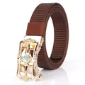 Brown nylon canvas belt with vintage golden automatic buckle and iridescent gemstone - 110cm / Gold Buckle-Coffee