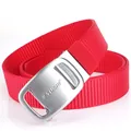 Red thickened nylon woven belt with silver brushed metal automatic buckle for men - Silver Buckle - Red