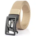 Khaki nylon woven men's tactical belt with black metal automatic buckle featuring S cutout - Black Buckle - Khaki
