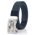 Navy blue nylon web belt featuring a silver automatic buckle with a swan motif design - 110cm / Silver Buckle - Royal Blue