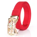 Red nylon woven belt featuring a gold baroque floral buckle with rhinestone center - 110cm / Gold Buckle - Red