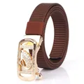 Dark brown nylon belt with a golden automatic buckle featuring a crystal swan design - Gold Buckle-Coffee