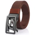 Men's brown nylon belt with black metal automatic buckle featuring a hollow letter S - Black Buckle - Coffee