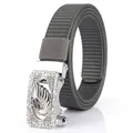 Gray nylon waist belt with silver swan buckle featuring rhinestones and blue gem - 110cm / Silver Buckle - Dark Gray