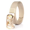Women's beige nylon belt featuring a gold automatic buckle with a rhinestone swan - Gold Buckle-Khaki