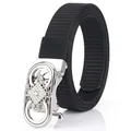 Black nylon woven belt for women with silver rhinestone encrusted double ring buckle - Silver Buckle - Black