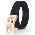 Black nylon woven belt with rose gold automatic buckle and crystal inlay detail - 110cm / Rose Gold-Black