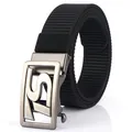 Men's black woven nylon belt with a silver automatic buckle featuring an 'S' design - Silver Buckle - Black