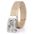 Khaki nylon belt with swan logo silver automatic buckle for casual style women - 110cm / Silver Buckle - Khaki
