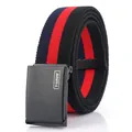 Elastic canvas belt with black red and blue stripes and matte black metal buckle - 110cm / Black Red Blue
