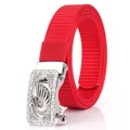 Red nylon belt for women featuring a silver swan buckle with sparkling crystals - 110cm / Silver Buckle - Red