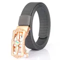 Gray nylon canvas belt with rose gold hollow engraved buckle and iridescent stone - 110cm / Rose Gold Buckle - Dark Gray