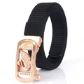 Women's black nylon belt featuring a rose gold automatic buckle with a crystal swan motif - Rose Gold Buckle - Black