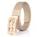 Women's beige nylon belt with luxury rose gold floral rhinestone automatic buckle - 110cm / Rose Gold Buckle - Khaki