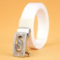 Women's white woven nylon belt with silver rhinestone-encrusted swan automatic buckle - 110cm / Silver Buckle White