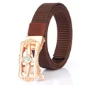 Brown nylon canvas belt with a gold-tone automatic buckle featuring starburst engraving - 110cm / Rose Gold Buckle - Coffee