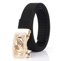 Women's black nylon belt with golden swan buckle and crystal embellishments - 110cm / Gold Buckle - Black