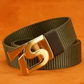 Army green nylon belt for men featuring a brushed gold metal TS automatic buckle - Gold Buckle - Army Green