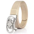 Khaki nylon woven belt with a silver automatic buckle featuring floral rhinestone patterns - Silver Buckle - Khaki