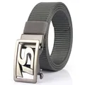 Men's grey nylon tactical belt with gunmetal automatic buckle featuring an S logo - Silver Buckle - Dark Gray