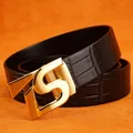 Men's black crocodile leather belt with a brushed gold S-shaped automatic buckle - 105cm / Gold Buckle - Black