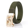 Army green nylon belt for women with golden swan buckle and crystal embellishments - 110cm / Gold Buckle - Army Green