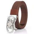Brown nylon tactical belt with ornate silver alloy automatic buckle for casual outdoor wear - Silver Buckle Coffee