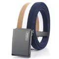 Cintura elastica intrecciata a righe blu marino, bianco e kaki con fibbia in metallo - 110cm / Cachi Bianco Blu