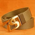 Khaki nylon woven belt for men with golden TS metal automatic buckle in close-up shot - Gold Buckle - Wolf Brown