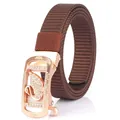 Women's dark brown woven nylon belt featuring a rose gold swan crystal buckle - Rose Gold Buckle-Coffee