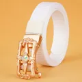 White woven nylon belt featuring a rose gold automatic buckle with sparkling rhinestones - 110cm / Rose Gold-White
