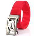 Men's red woven nylon belt with a dark grey geometric automatic metal buckle - Silver Buckle - Red