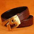 Men's dark brown ostrich texture leather belt with a golden metallic buckle - 105 / Gold Buckle Coffee