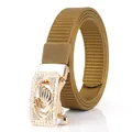 Adjustable khaki nylon belt with golden swan-shaped buckle and crystal details - 110cm / Gold Buckle - Wolf Brown