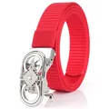 Red nylon belt with silver automatic buckle featuring crystal geometric pattern - Silver Buckle - Red